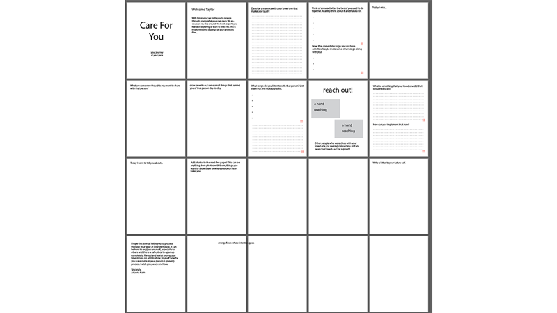 Low fidelity layouts of final spreads.