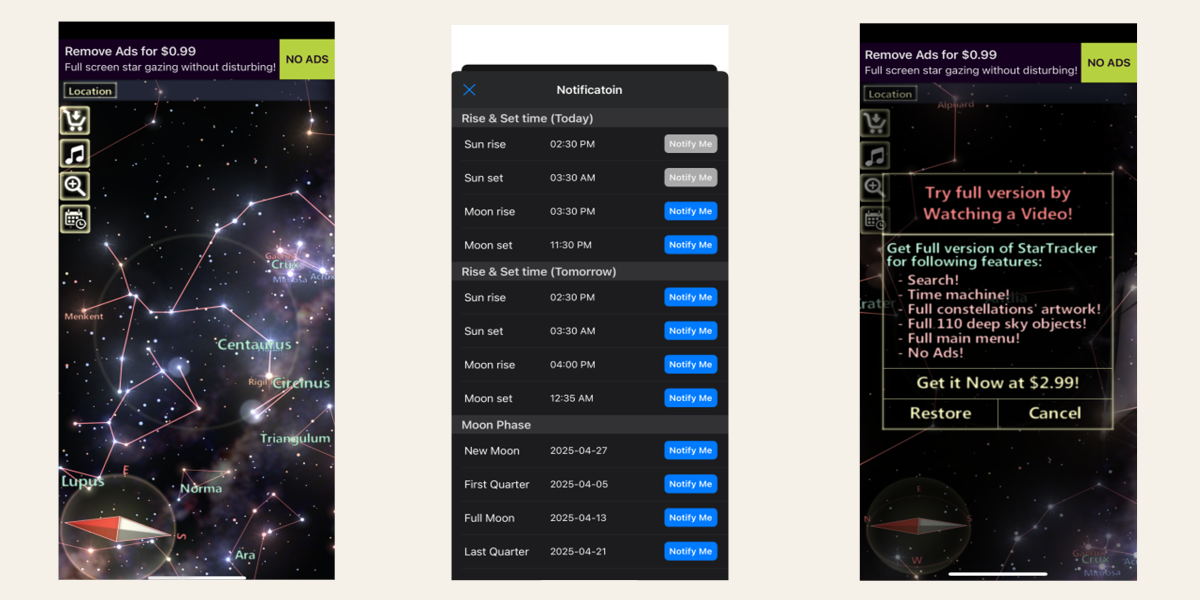 Screenshots of original homepage, notification page, and included pop-ups on the app.